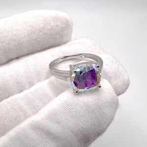 .925 Sterling Silver Cushion-Cut Iridescent Rainbow CZ Ring